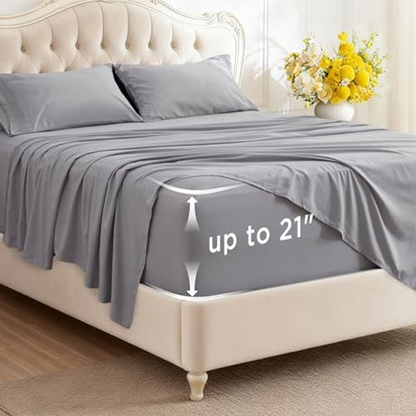 Bedsure Deep Pocket Twin Sheets Set - Fits Mattresses Up to 21 Inches Thick -3 Piece GentleSoft Bed Sheets, Moisture Wicking, Soft & Cooling Bedsheet & Pillowcases, Easy & Secure Fit, Light Grey Bedsure