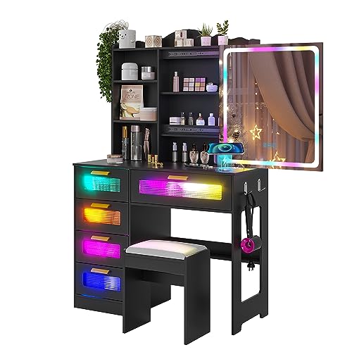 WOOVIVS Vanity Desk with Lights and Sliding Vanity Mirror, Makeup Vanity Desk with Charging Station, Vanities Dressing Table with Stool, LED Vanity Set with Large Drawers&Shelves for Bedroom, Black WOOVIVS