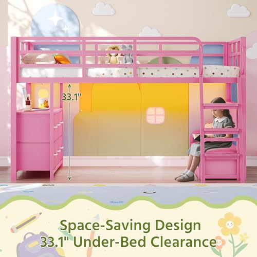 Dnxao Low Twin Loft Bed with Desk,9 Storage Drawers,Kids Loft Bed with 15.8" H Safety Guardrail,Twin Bed Frames for Kids with LED Lights and Charging Station,Under-Bed Play Space,Pink Dnxao