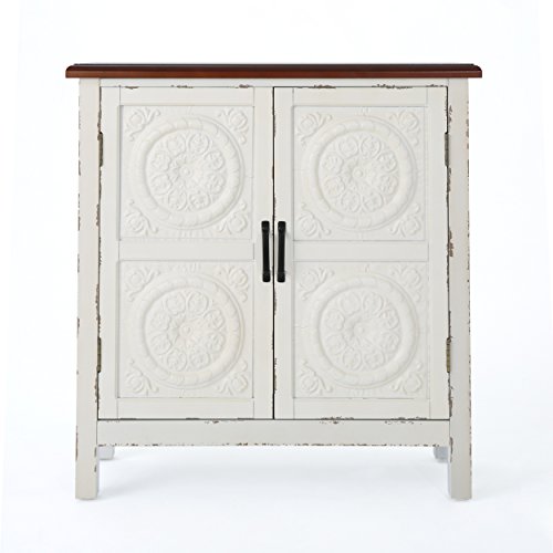 Christopher Knight Home Alana Firwood Cabinet with Faux Wood Overlay, Distressed White / Brown - WoodArtSupply