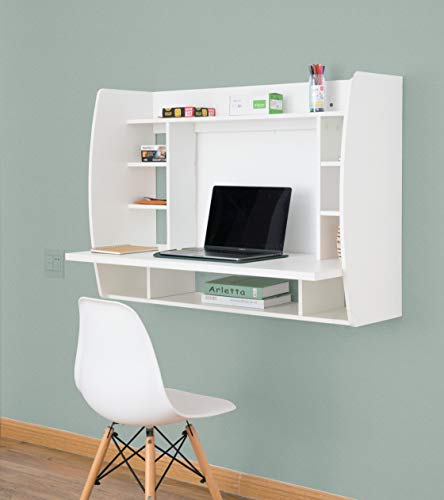 Versatile Wall Mount Floating Computer Desk - Stylish and Space-Saving Writing Study Table with Shelves - Ideal for Living Room, Bedroom, and Home Office, White - WoodArtSupply