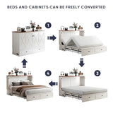 ijuicy Full Murphy Bed with Storage & Multifunctional Charging Station, Farmhouse Murphy Cabinet Bed with Foldable Panel, Space-Saving Beds for Guest Bedroom, Living Room-White & Brown, No Mattress ijuicy