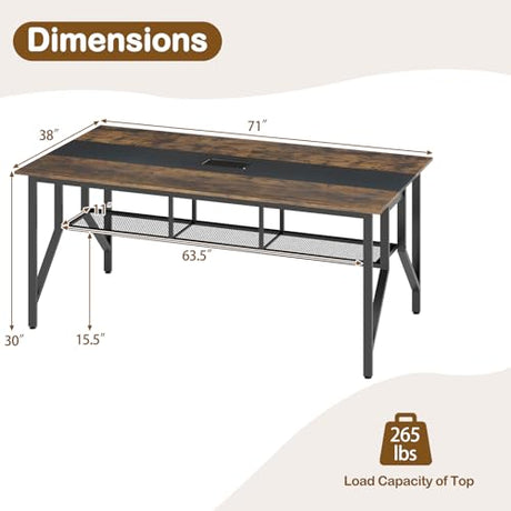 Giantex 6 FT Conference Table for 6-8 People, Modern 71" L x 38" W Large Meeting Table with Storage Shelf & Cable Grommet, Rectangle Conference Room Table for Office, Boardroom, Rustic Brown (1) Giantex