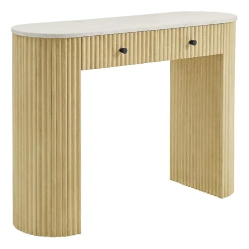 Modway Caldera 42-Inch Curved Solid Wood Fluted Console Table in Natural with Oval Marble Top – Narrow Entryway Table with 2 Drawers Modway