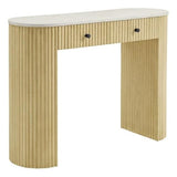 Modway Caldera 42-Inch Curved Solid Wood Fluted Console Table in Natural with Oval Marble Top – Narrow Entryway Table with 2 Drawers Modway