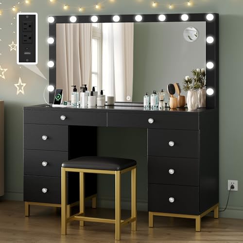 YITAHOME Makeup Vanity Desk with LED Mirror & Light, Large Makeup Table with 8 Drawers, Magnifying Glass, Power Outlets, Hairdryer Holder & Cushion Stool for Dressing Room, Black Vanity Set YITAHOME