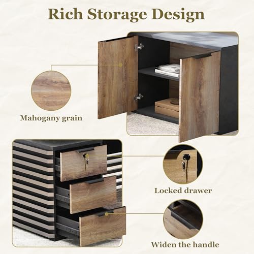 SAINTCY 70.87In L Shaped Executive Standing Desk with Drawers, Large Modern Adjustable Heigh Home Office Desk w/File Cabinet, AC/USB, Business Workstation, Black and Warm Oak SAINTCY