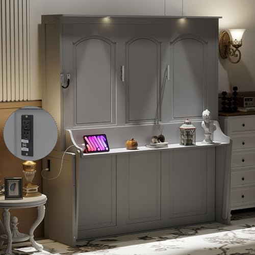 Merax Queen Size Murphy Bed with Small Storage Shelf(AS Desk), Wall Murpht Bed Cabinet Queen with Lights and USB Charging Station, No Box Spring Needed, Gray Merax