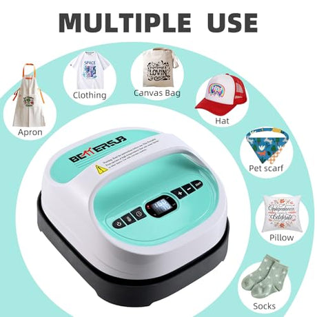 BetterSub Heat Press Machine for T-Shirts, Portable Heat Press, Iron Press for Sublimation and HTV Vinyl Shirt Press Machine for Hat, Bags, Heating Transfer Projects (8.27"×9.06" Teal) BetterSub