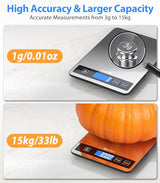 BakFee Food Scale - 15kg/33lb Digital Kitchen Scale with Full-View LCD Display, Grams and Ounces, Easy Clean Stainless Steel, 6 Units with Tare Function, Precise for Baking, Cooking & Meal Prep, Black