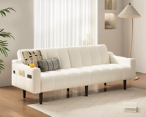 Chfeloai 80'' Futon Sofa Bed, Faux Leather Sleeper Couch, Convertible Loveseat with Adjustable Sofa Backrest, Modern Couches for Living Room, Bed Room, Apartment, Office (Beige) Chfeloai