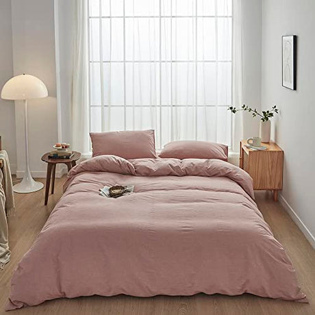 FACE TWO FACE Bedding Duvet Cover Set100% Washed Cotton Duvet Cover Linen Like Textured Breathable Durable Soft Comfy (Twin, Old Pink) FACE TWO FACE