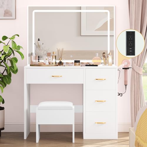 DWVO Makeup Vanity Desk with Large Lighted Mirror with Power Outlet and LED Strip, 3 Color Lighting Modes with Adjustable Brightness, 4 Drawer Vanity Table with Cushioned Stool, Milky-White DWVO