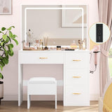 DWVO Makeup Vanity Desk with Large Lighted Mirror with Power Outlet and LED Strip, 3 Color Lighting Modes with Adjustable Brightness, 4 Drawer Vanity Table with Cushioned Stool, Milky-White DWVO