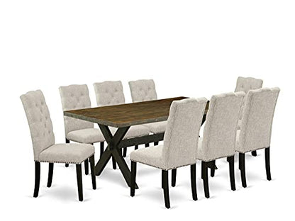 East West Furniture X677EL635-9 9-Piece Dining Set - Dinner Table Rectangular Top - 8 Beautiful Dining Chairs Padded Seat and Back (Distressed Espresso & Wire Brushed Black Finish) - WoodArtSupply