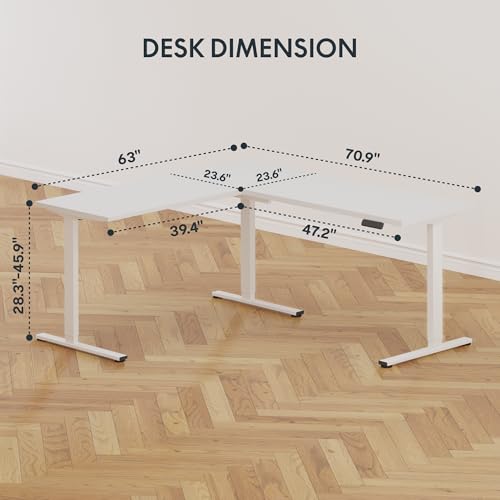 SANODESK L Shaped Standing Desk Adjustable Height, Electric Corner Standing Desk, 71 x 63 inch Sit Stand Computer Table with Splice Board, White SANODESK