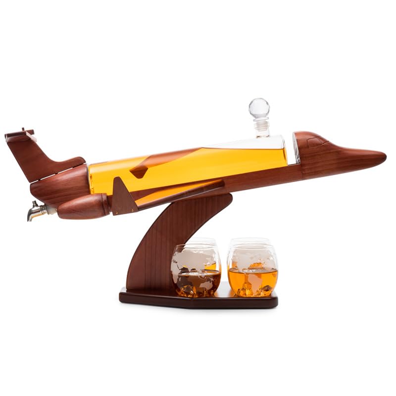 Whiskey & Wine Decanter Jet Airplane Set and Glasses Antique Wood Airplanes - The Wine Savant Whiskey Gift Set & 2 Airplane Glasses, Pilot Gift Moving Parts- Alcohol Related Gift, BAR DECOR Large 21" The Wine Savant
