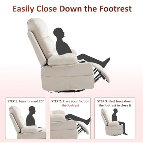 KCQ Rocker Recliner Chair with Heat and Massage, Oversized Manual Recliner Chair with Cup Holder, Faux Leather Swivel Rocking Recliner Glider Chair for Nursery, Beige KCQ