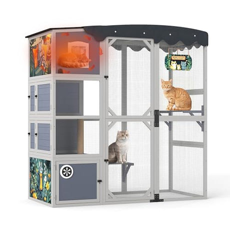 COZIWOW Insulated Outdoor Cat Catio, Large Wood Cat Enclosure with Weatherproof Roof, 2 Resting Rooms, 2 Platforms, 4-Tier Cat Playpen (Grey-Insulated) COZIWOW