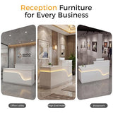 Reception Desk with LED Lights, 71" White Glossy Front Desk Counter with Lockable Drawer & Cabinet, Modern Left-Side Higher Counter with Keyboard Tray, Reception Counter for Office, Salon and Lobby