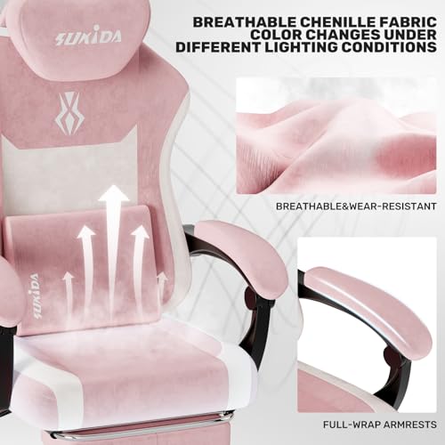 SUKIDA Plush Fabric Gaming Executive Office Chair, Ergonomic High-Back Computer Desk Chair with Large Adjustable Lumbar Support, Headrest and Linked Armrests for Long Hours Sitting Task Chair, Pink SUKIDA