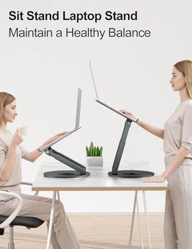tounee Telescopic Laptop Stand for Desk with 360° Swivel Base, Sit to Stand, Height Adjustable, Portable Riser Holder for Good Posture, Compatible with MacBook Pro, All Laptops 10-17"-Gray tounee