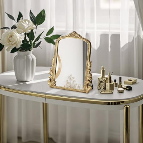 Vintage Makeup Mirror, Vanity Desk Mirror Antique Traditional Tabletop Mirror, Standing, Hang or Wall Mounted, Adjustable Dress-up Mirror, Gold Decor Mirror for Living Room,Bedroom (gold, 12*9.8 in) Willannals