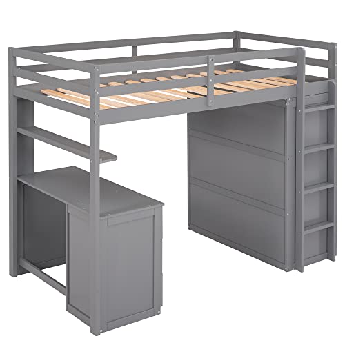 Merax Twin Size Loft Bed with Storage Drawers, Desk and Wardrobe, Wooden Loft Bed Frame with Guardrails, No Box Spring Needed, Gray Merax