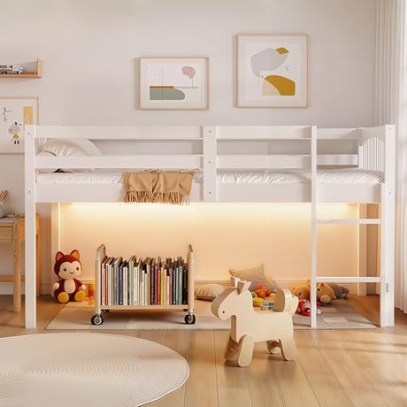 BabyVista Kids Low Loft Bed Full Size, Solid Wood Loft Bed Frame with USB Power Outlet and 20-Color LED Lights, Safe Guardrails Ladder, Space-Saving Full Loft Bed for Kids Bedroom Play Storage (Full) BabyVista