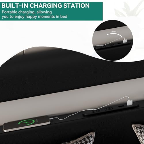 YITAHOME King Size LED Platform Bed Frame with Adjustable Headboard/No Box Spring Need/Easy Assembly/Faux Leather in Black YITAHOME