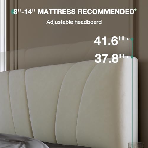Novilla Queen Bed Frame, Queen Size Bed Frame with Wooden Slats Support, Velvet Upholstered Headboard, No Box Spring Needed, Heavy Duty Feet, Easy Assembly, White Velvet Novilla