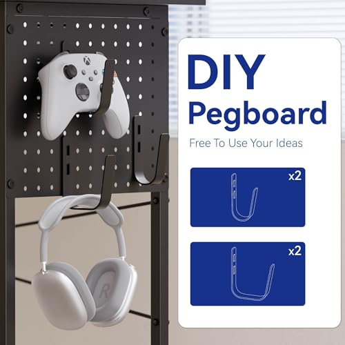 Pamray 64 Inch L Shaped Gaming Desk with Power Outlets and Led Lights, Large Corner Computer Desk with Monitor Stand and Pegboard, PC Table for Home Office and Bedroom White Pamray