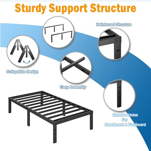 SHLAND Twin Bed Frames 16 Inch Metal Platform Bed Frame No Box Spring Needed, Twin Size Bed with Heavy Duty Strong Slat Support, Easy Assembly, No Noise, Black SHLAND