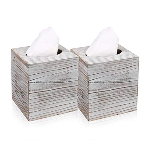 White Barnwood Tissue Box Cover: 2 Pack Tissue Box Holder Includes Slide-Out Bottom Panel, Stylish Tissue Box Cover Square Perfect for Farmhouse Bathroom Decor Khnum
