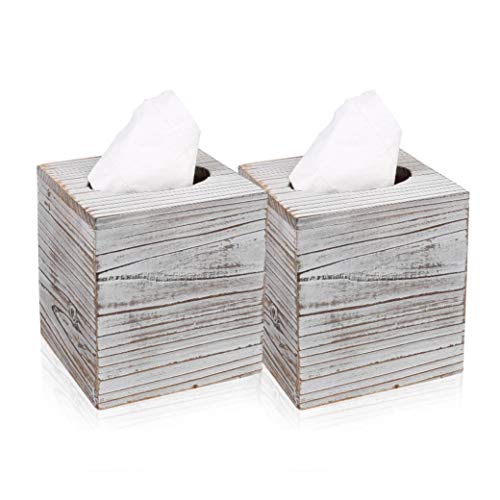 White Barnwood Tissue Box Cover: 2 Pack Tissue Box Holder Includes Slide-Out Bottom Panel, Stylish Tissue Box Cover Square Perfect for Farmhouse Bathroom Decor