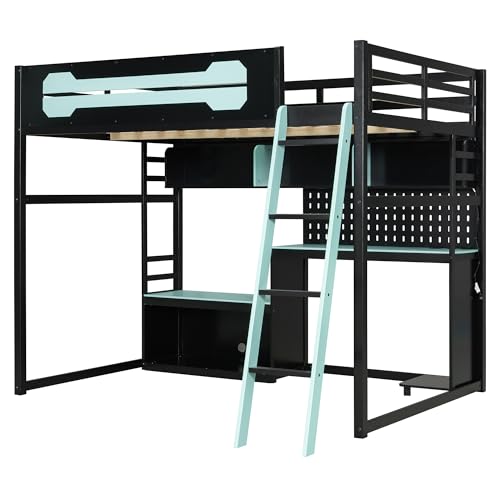 Harper & Bright Designs Full Size Wood Gaming Loft Bed with Desk and Storage Shelves, Modern Low Loft Bed Frame with LED Lights, USB Ports and Pegboard for Kids Teens Adults, Black+Blue Harper & Bright Designs