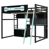 Harper & Bright Designs Full Size Wood Gaming Loft Bed with Desk and Storage Shelves, Modern Low Loft Bed Frame with LED Lights, USB Ports and Pegboard for Kids Teens Adults, Black+Blue Harper & Bright Designs