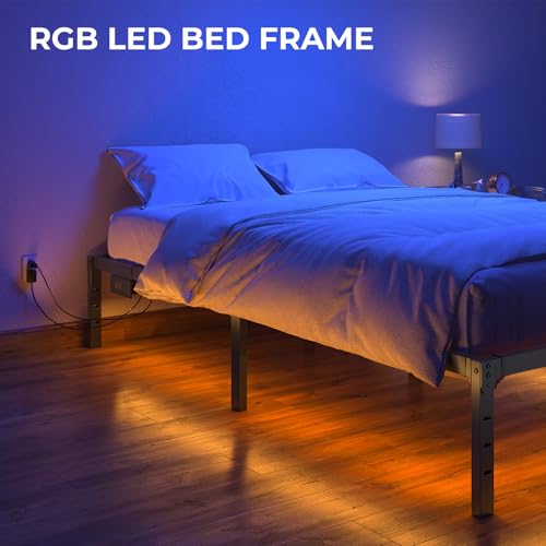 Rolanstar Bed Frame with USB Charging Station, Twin Bed Frame with LED Lights, Platform Bed Frame with Heavy Duty Steel Slats, 14" Storage Space Beneath Bed Rolanstar