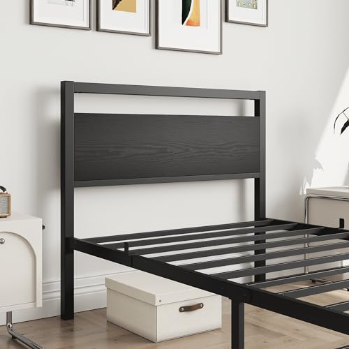 HOJINLINERO Black Twin Bed Frame with Wood Headboard,Metal Single Platform Bed Frame Twin Size No Box Spring Needed,Heavy Duty Metal Slats Support,Mattress Base,Noise Free,Easy Assembly,Black HOJINLINERO