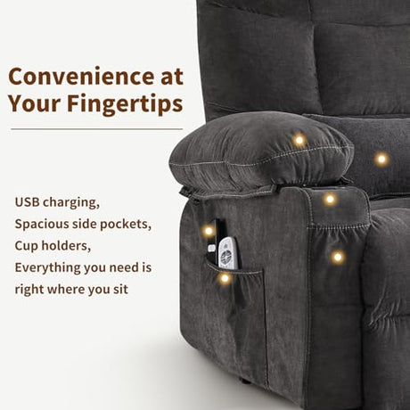 PoteSoar Power Lift Recliner Chair for Elderly with Massage and Heat, Comfortable Electric Power Reclining Chair with Side Pockets,2 Cup Holders and USB Charging Port for Living Room (Grey) PoteSoar