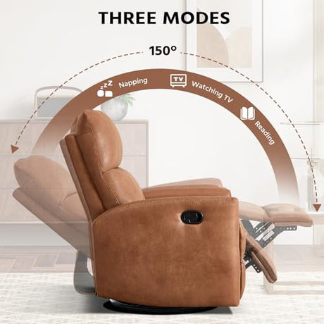 HAOMARKETS Swivel Rocker Recliner Chair, Manual Faux Leather Glider Rocking Recliners for Adults, 360° Swivel Nursery Reclining Sofa with Padded Backrest for Living Room, Dark Brown HAOMARKETS
