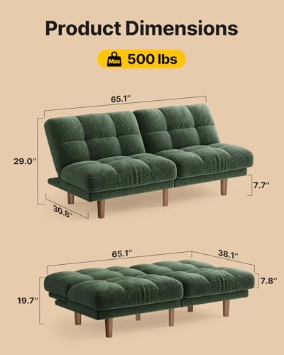 AMADA HOMEFURNISHING 65" Futon Sofa Bed, Convertible Futon Couch with Adjustable Backrest, Ergonomic Recliner Sleeper Sofa with Corduroy Fabric for Living Room, Office, Guest Room (Green) AMADA HOMEFURNISHING