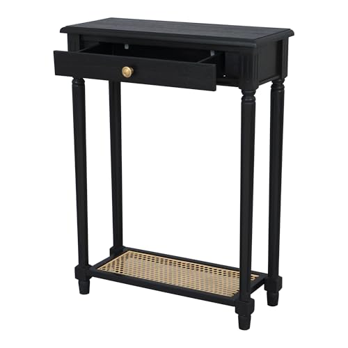 East at Main Lenora Console Table – 23.75” Narrow Entryway Table with Storage & Cane Shelf – Solid Wood Accent for Hallways, Foyers, and Small Spaces – French Country & Traditional Style (Black) East at Main