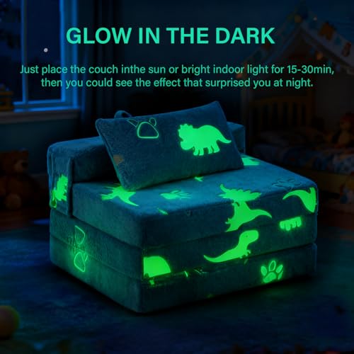 Foldable Floor Mattress with Pillow for Kids, Glow in The Dark Blue Dinosaur Toddler Washable Folding Floor Mat for Daycare, Child Trifold Futon Sofa Bed with Storage Bag for Playroom Girls and Boys Givjoy