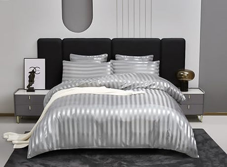 Arianaut Duvet Cover King Size Grey 5 Pieces Satin King Duvet Cover Luxury Coquette Silk Like Striped Grey Bedding Set Comforter Cover with Zipper Closure 1 Duvet Cover 4 Pillow Cases Arianaut