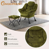 Congermom Lazy Chair with Folding Ottoman,Leisure Sofa Chair,Soft Fabric Armchair with Armrests and Side Pockets, Reading Chair with Footrest for Living Room, Bedroom, Office (Plush Green)