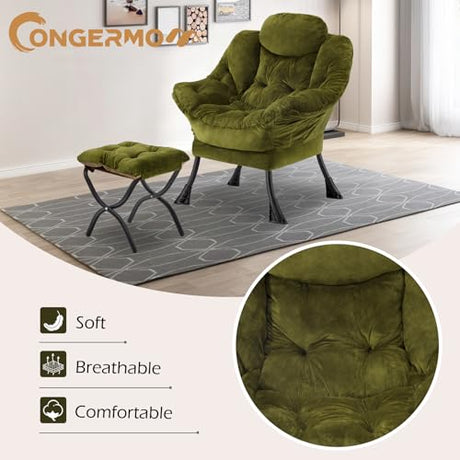 Congermom Lazy Chair with Folding Ottoman,Leisure Sofa Chair,Soft Fabric Armchair with Armrests and Side Pockets, Reading Chair with Footrest for Living Room, Bedroom, Office (Plush Green) Congermom