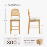 Rattan Counter Height Bar Stools Set of 2, Upholstered Farmhouse Barstools with Natural Rattan Back, Wooden Legs for Kitchen Island, Natural/Linen KISLOT