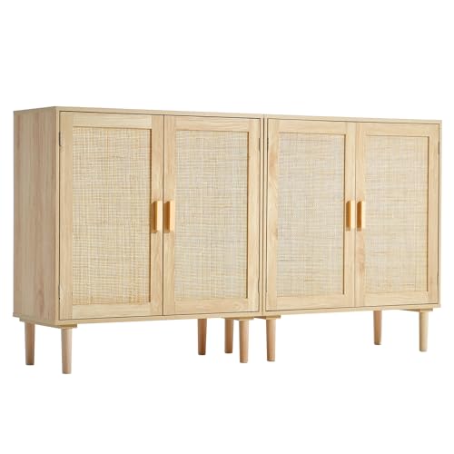 VEVOR Rattan Buffet Cabinet with Storage, 4 Magnetic Doors and Adjustable Shelves, Sideboard for Hallway, Living Room, Kitchen, Natural VEVOR