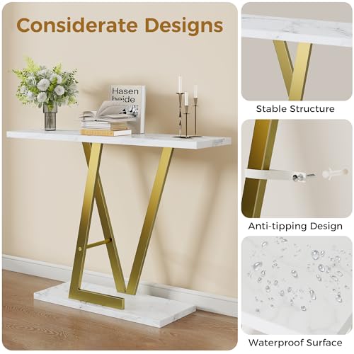 43.3" Gold Console Table, Modern Entryway Table with White Faux Marble Top & Metal Base, Narrow Sofa Table for Living Room, Hallway, Foyer PyroLog